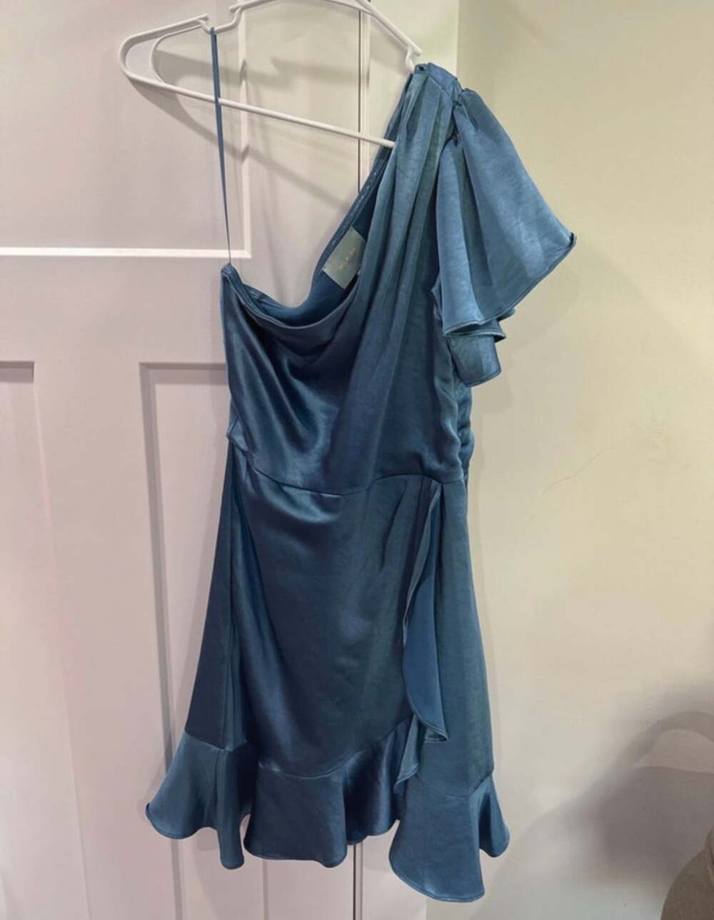 Shoes Are Blue One-Shoulder Dress Size S Blue Satin Ruffle Cocktail Mini